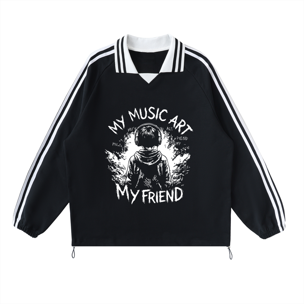 My Friend, My Music Art - Contrast Striped Lapel Collar Sweatshirt
