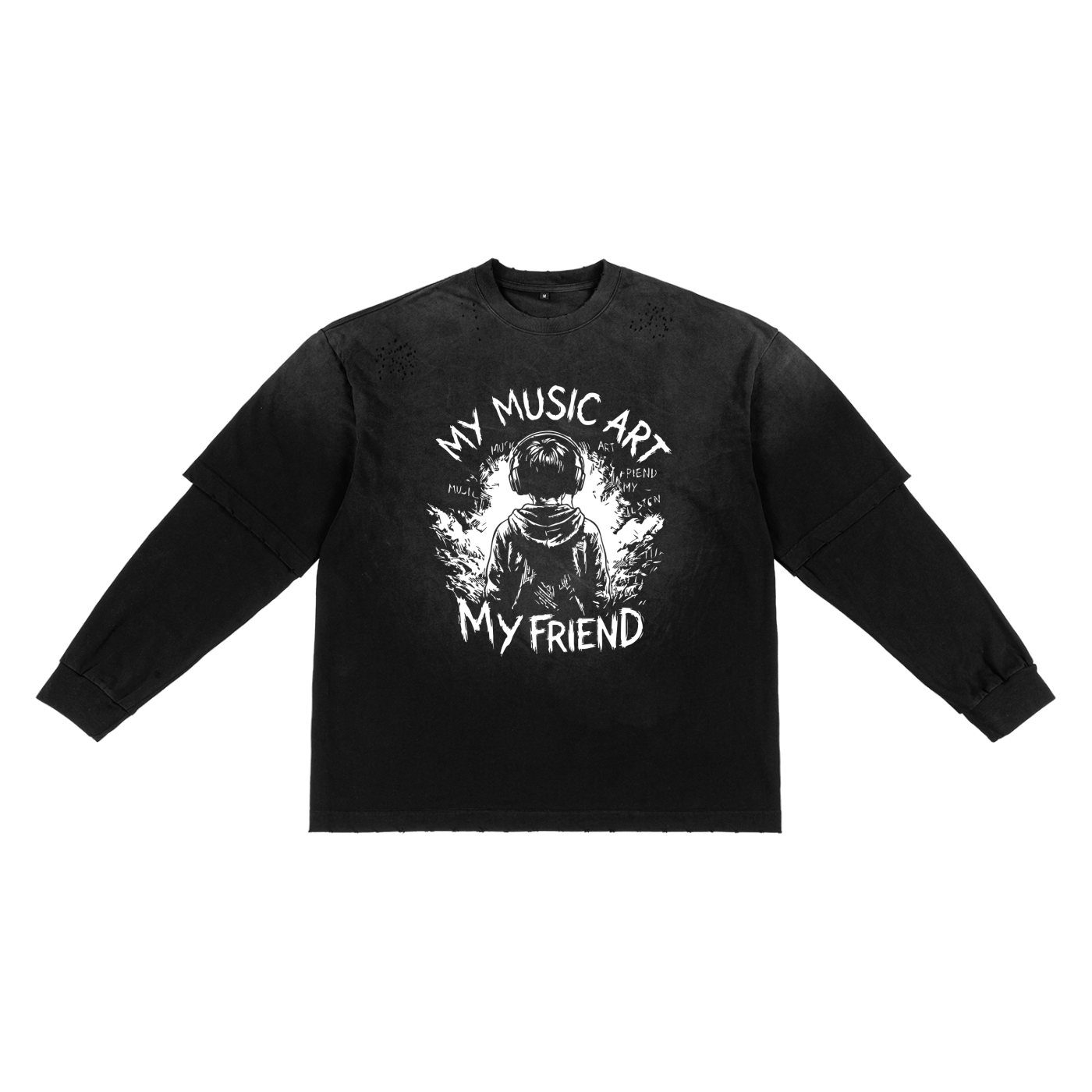 My Friend, My Music Art - Sunfade Hand-Frayed Faux Two-Piece T-Shirt
